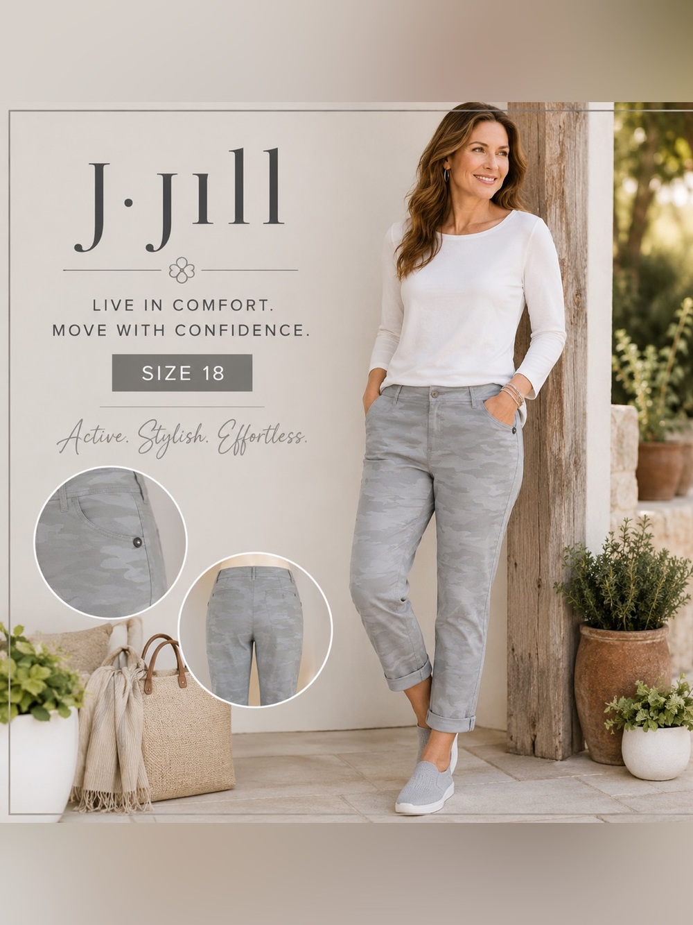 New J.Jill Size 18 Gray Camo Utility Pants Casual Roll Cuff